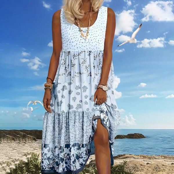 Women's Plus Size Boho Floral Dresses Sleeveless Tiered Pleated Swing Long Sundress - Image 2