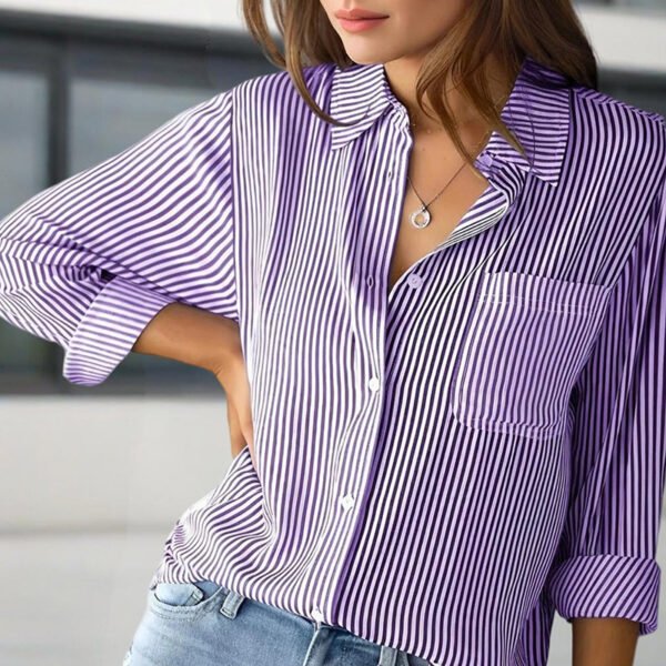Women's Elegant Striped Long Sleeve Shirt - Pointed Lapel Collar With Chest Pocket, Button-Up Casual Blouse For Spring&Fall - Image 3