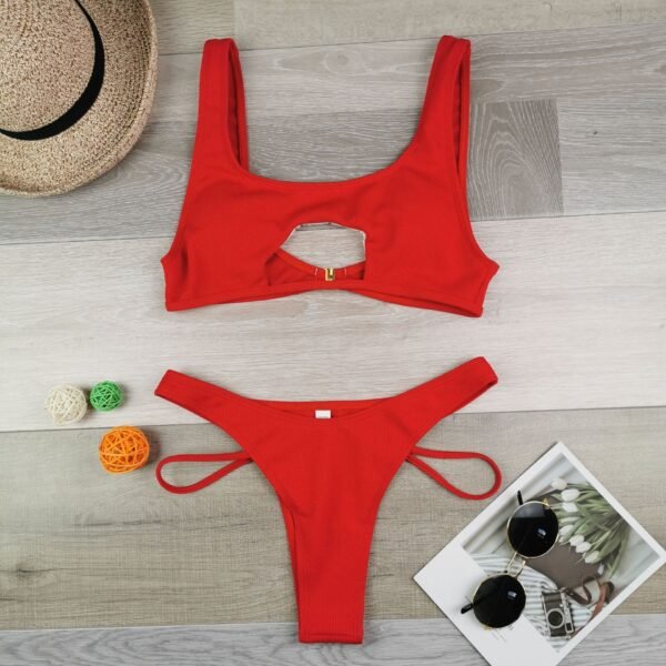Bikini Women's Solid Color Split Swimsuit Hollow Snake Fabric Swimwear - Image 10
