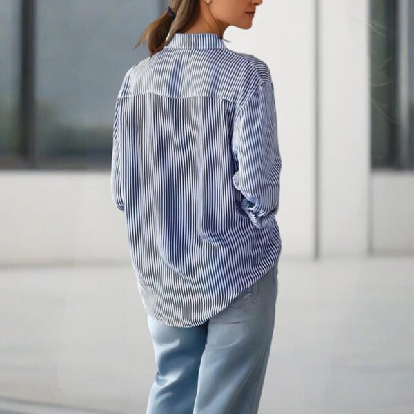 Women's Elegant Striped Long Sleeve Shirt - Pointed Lapel Collar With Chest Pocket, Button-Up Casual Blouse For Spring&Fall - Image 5