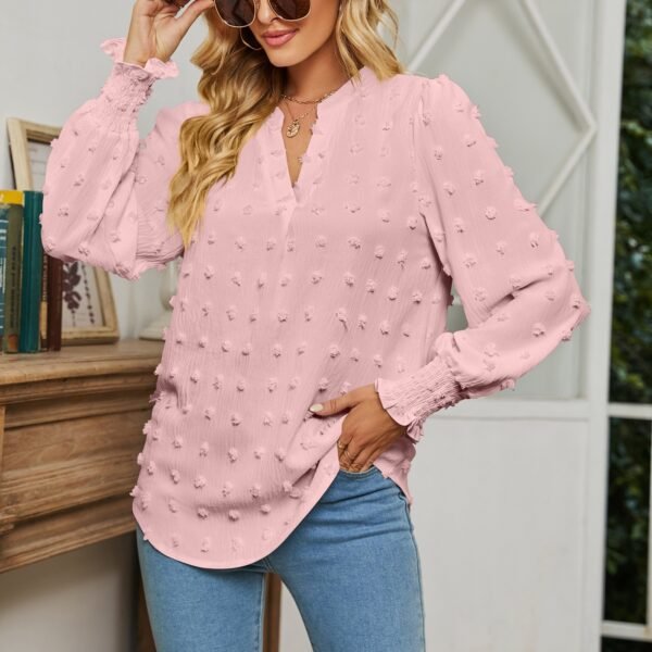 Dot Long-sleeved Bubble Sleeve V-neck Shirt Top - Image 6