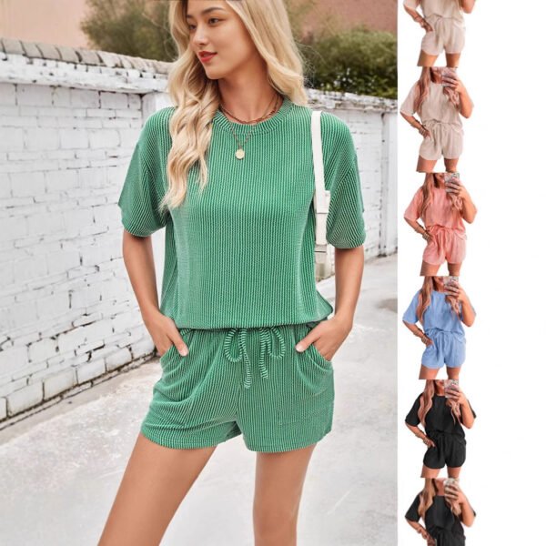 Short-sleeved Wavy Round Neck Top Elastic Waist Shorts Two-piece Set - Image 5
