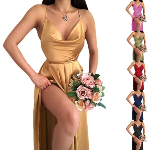 Solid Color Backless Pockets Collar A Swing Sling Dress Women - Image 8