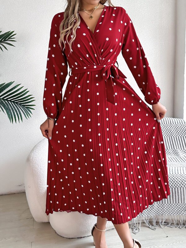 Spring Summer Elegant Long Dress Cross V-Neck Contrast Polka Dot Long Sleeve Pleated Bridesmaid Dresses - Image 2