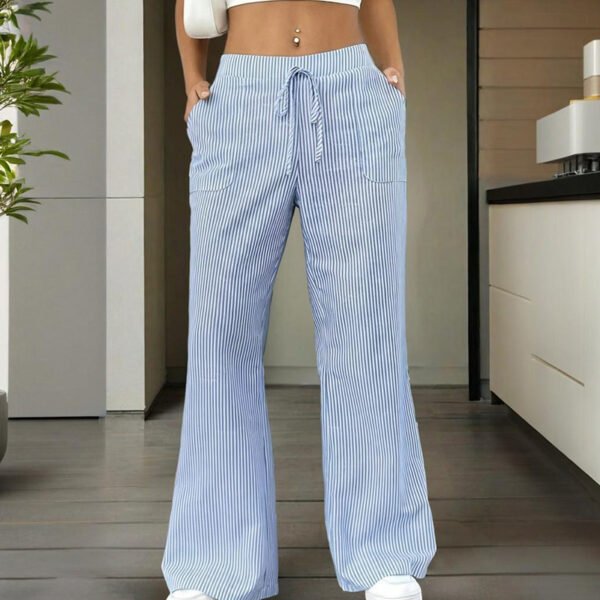 Women's Striped Wide Leg Pants With Pockets & Tie-Waist Detail - Casual Minimalist Trousers - Image 3
