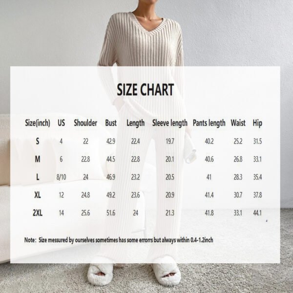 Women's 2-Piece Set Solid Color V-Neck Long Sleeve Top & Straight Leg Pants, Ribbed Texture Outfit For Fall&Winter - Image 2