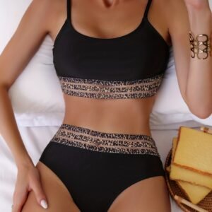 Eopard Print Mesh Contrast Band 2 Piece Set Bikini, Black Scoop Neck High Strech Swimsuit, Women's Swimwear & Clothing