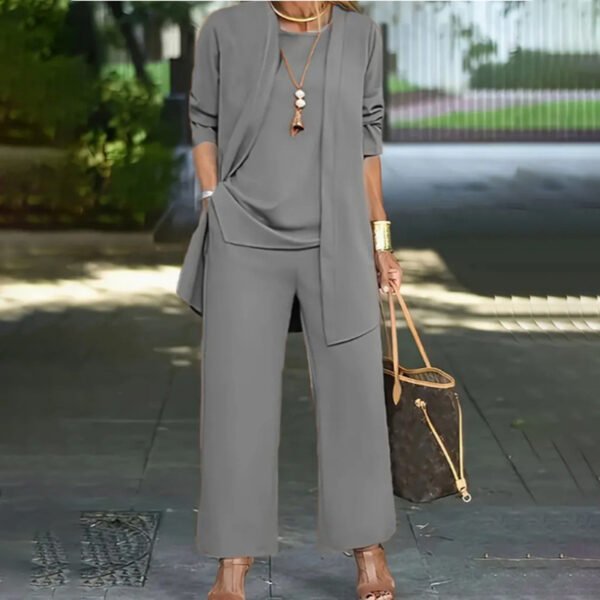 Women's Plus Size Casual 3-Piece Set Open Front Cardigan Sleeveless Vest Pants Solid Color Lounge Set - Image 9
