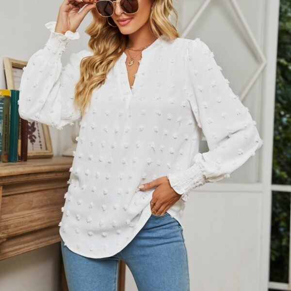 Dot Long-sleeved Bubble Sleeve V-neck Shirt Top - Image 4
