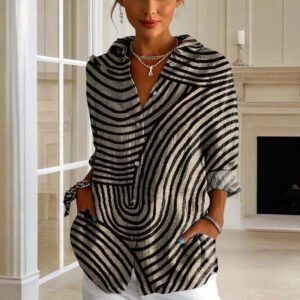 Women's Striped Long Sleeve Shirt - Button-Up Casual Loose Fit Blouse, Spring & Fall Relaxed Top