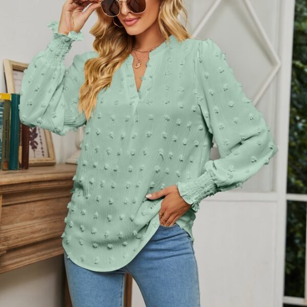 Dot Long-sleeved Bubble Sleeve V-neck Shirt Top - Image 9