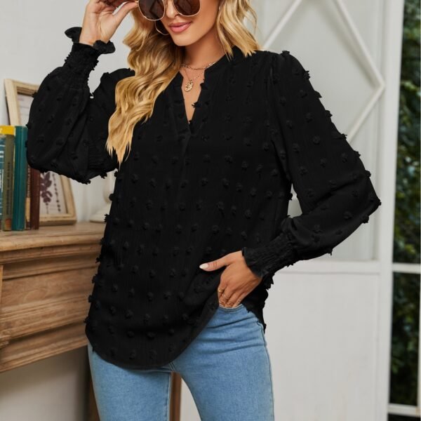 Dot Long-sleeved Bubble Sleeve V-neck Shirt Top - Image 3
