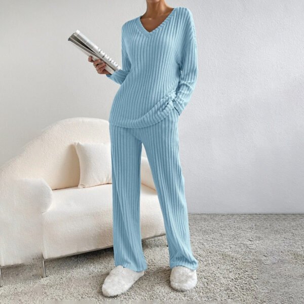 Women's 2-Piece Set Solid Color V-Neck Long Sleeve Top & Straight Leg Pants, Ribbed Texture Outfit For Fall&Winter - Image 9