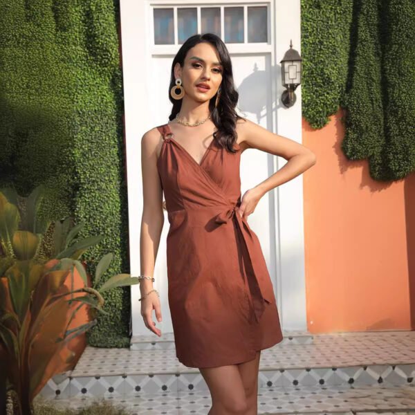 Pleated Sling Waist Belt Dress Women - Image 6