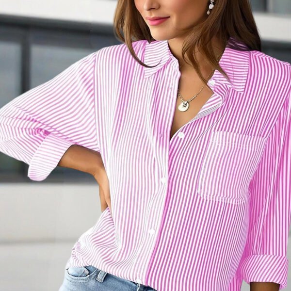 Women's Elegant Striped Long Sleeve Shirt - Pointed Lapel Collar With Chest Pocket, Button-Up Casual Blouse For Spring&Fall - Image 8