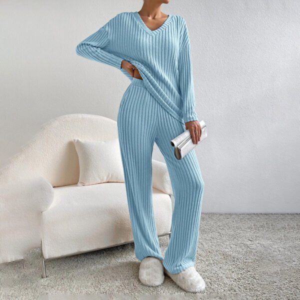 Women's 2-Piece Set Solid Color V-Neck Long Sleeve Top & Straight Leg Pants, Ribbed Texture Outfit For Fall&Winter - Image 5