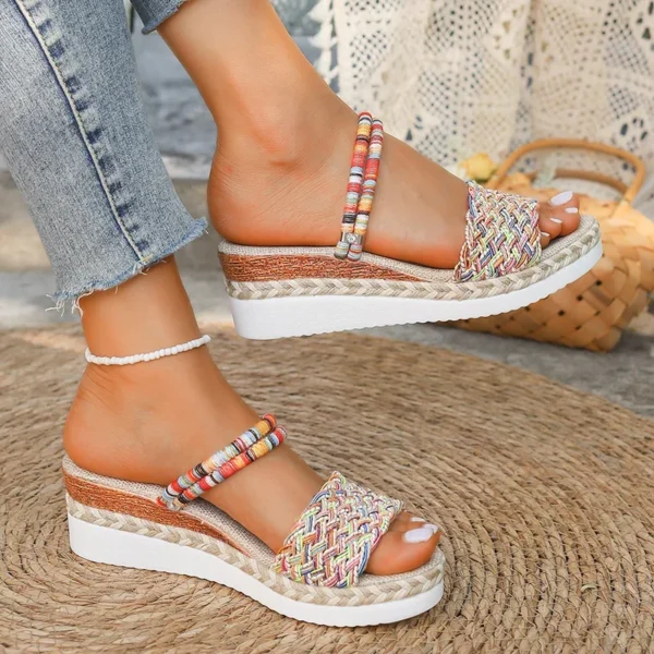 Summer Beach Vocation Bohemian Sandals Woman Wedge Heels Colorful Woven Platform Slippers Women Plus Size 43 Sandalias De Mujer - Image 4