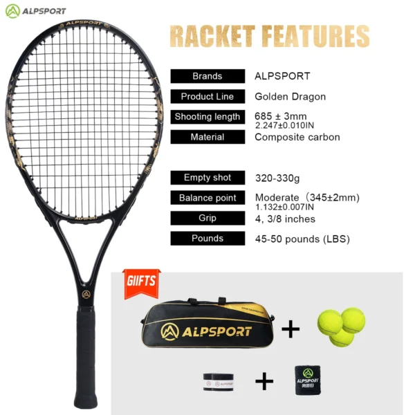 ALPSPORT T800 18K Carbon Fiber Tennis Racket – Pro Training Racket with Bag Lightweight Strap for Men/Women Fast Global Shipping