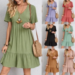 Solid Color Casual Loose Short Dresses For Women 2025 Fashion Summer Women's A-Line Midi Dress Elegant Vintage Female Dresses